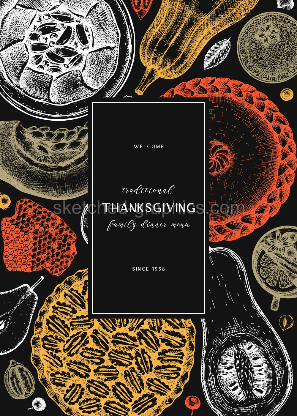 Thanksgiving desserts menu design. Hand sketched desserts with apple, pecan, pumpkin. Traditional pies for Thanksgiving dinner in vintage style. Top view autumn food background. Cooking at home design Illustration